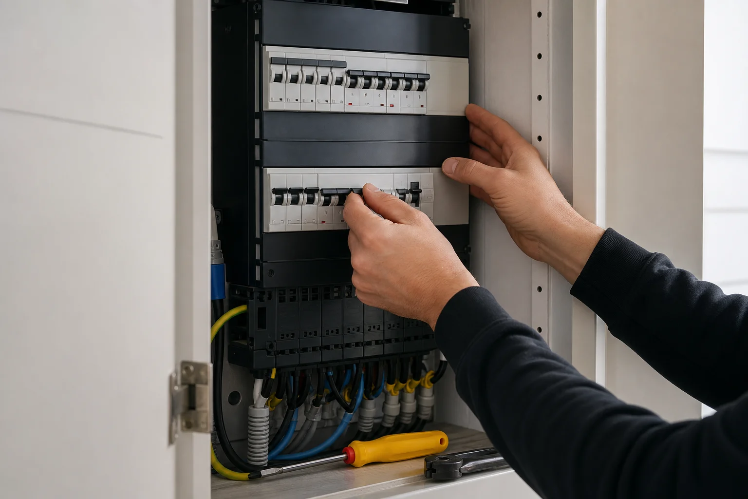 Illustratief beeld van een groepenkast die wordt gecontroleerd of aangepast.